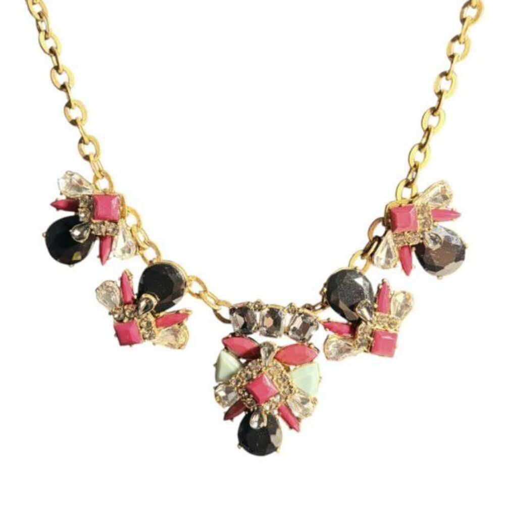 J. Crew Multi Colored Rhinestone Geometric Floral Cluster Necklace Gold Tone